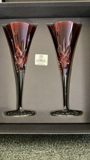 Waterford Crystal Lismore Crimson Pair of Ruby Red Champagne Flutes with Diamond-Cut Design Set of 2.