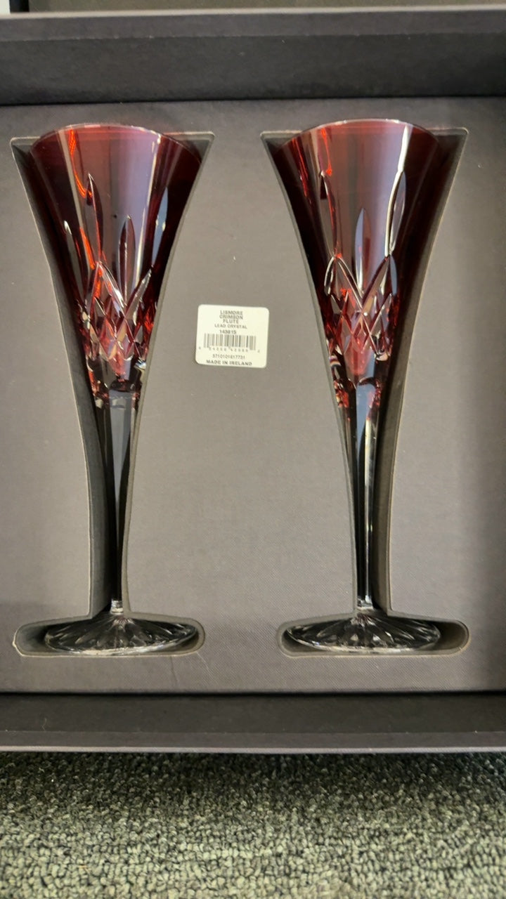 Waterford Crystal Lismore Crimson Pair of Ruby Red Champagne Flutes with Diamond-Cut Design Set of 2.
