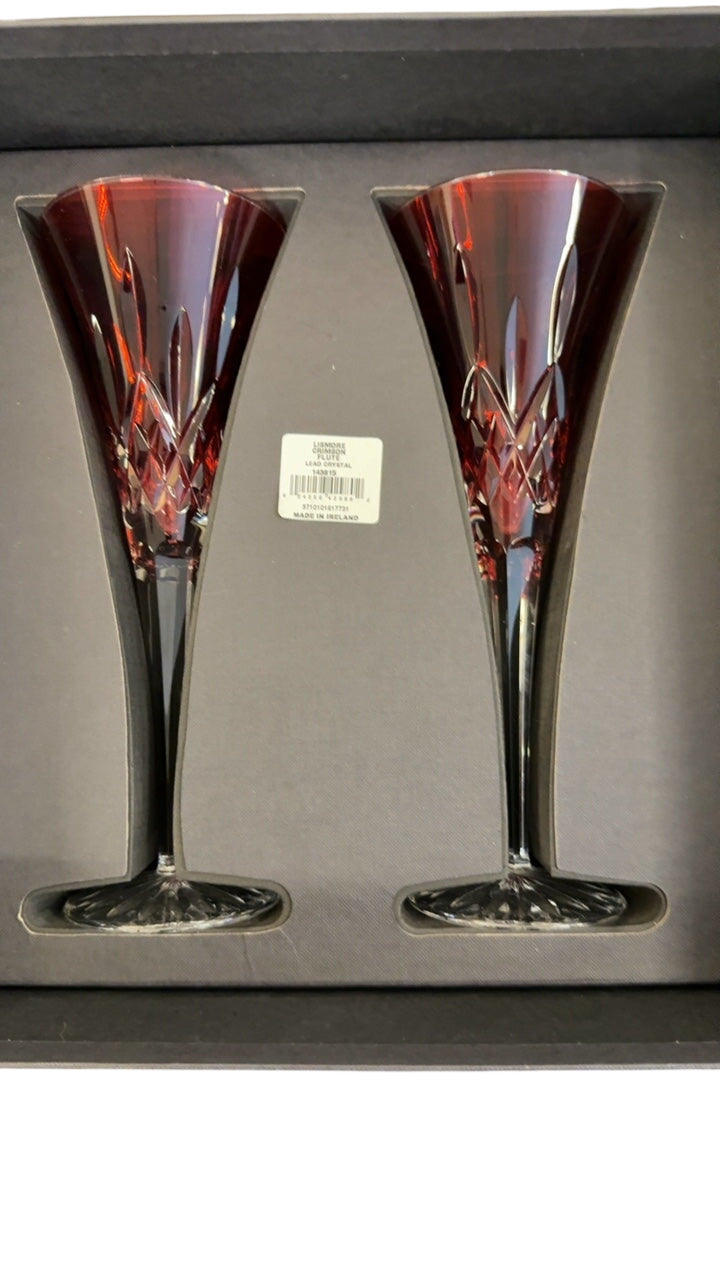 Waterford Crystal Lismore Crimson Pair of Ruby Red Champagne Flutes with Diamond-Cut Design Set of 2.
