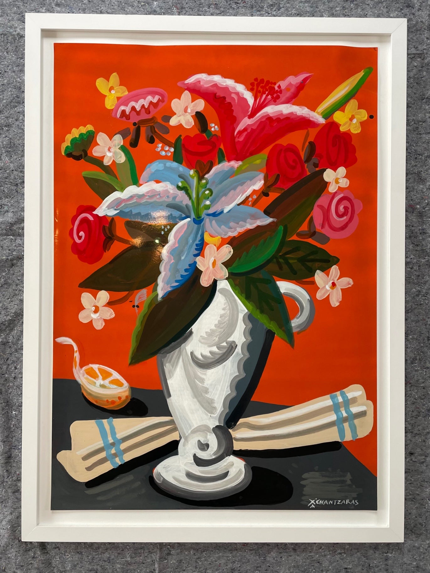 Apostolos Chantzaras (Greece) Signed “Abundance” Series Mixed Media & Acrylic Still-Life Painting on Fabriano Paper, 32 x 44 in (Framed)