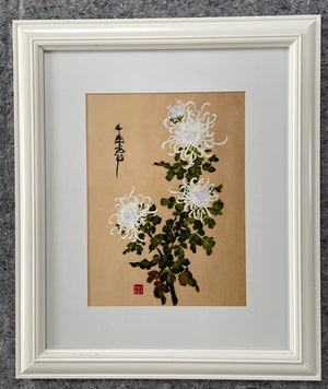 Framed East Asian-Style White and Pale Purple Chrysanthemum Botanical Painting with Calligraphy & Red Seal, White Mat and White Wood Frame (22x29)