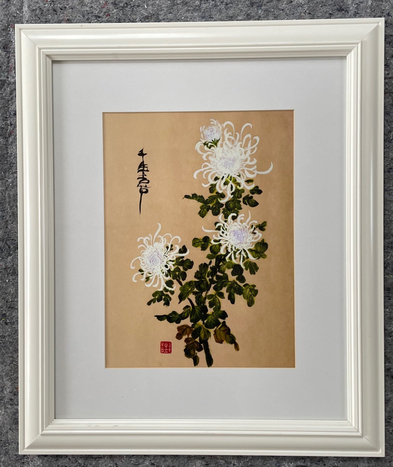 Framed East Asian-Style White and Pale Purple Chrysanthemum Botanical Painting with Calligraphy & Red Seal, White Mat and White Wood Frame (22x29)