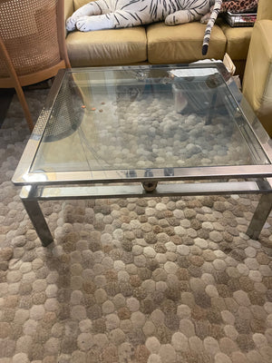 Vintage Mid-Century Modern Square Coffee Table with Chrome Metal Frame and Center Sphere Detail, Glass Top (48")