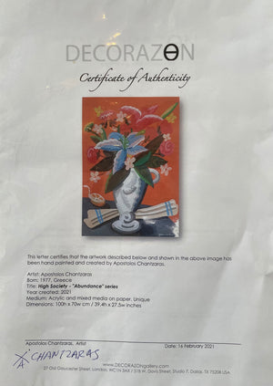 Apostolos Chantzaras (Greece) Signed “Abundance” Series Mixed Media & Acrylic Still-Life Painting on Fabriano Paper, 32 x 44 in (Framed)