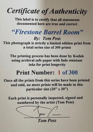 Tim Poss Firestone Barrel Room “Vinaissance Barrel Room” Framed & Matted Fine Art Photograph, Numbered 1/300