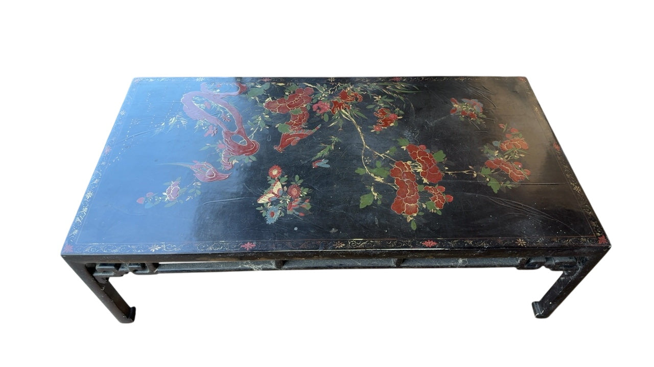 Chinese Black Lacquered Motif Coffee Table 50” x 26” x 15”