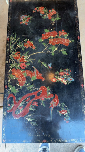 Chinese Black Lacquered Motif Coffee Table 50” x 26” x 15”