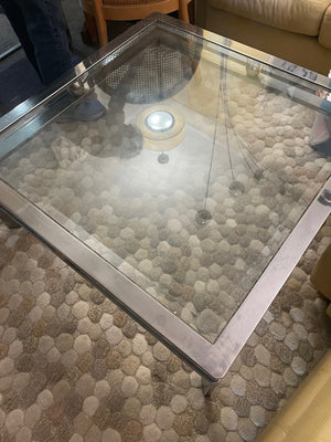 Vintage Mid-Century Modern Square Coffee Table with Chrome Metal Frame and Center Sphere Detail, Glass Top (48")