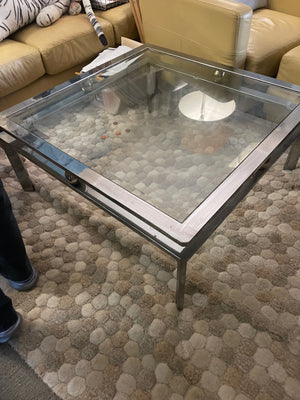 Vintage Mid-Century Modern Square Coffee Table with Chrome Metal Frame and Center Sphere Detail, Glass Top (48")