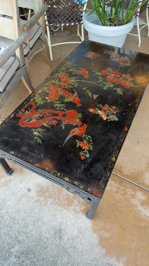 Chinese Black Lacquered Motif Coffee Table 50” x 26” x 15”