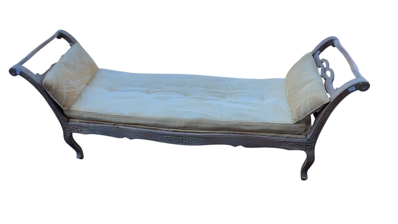 French-Style Carved Wood Upholstered Daybed / Bench With Pillows 23 x 80 x 33