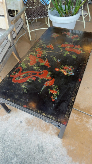Chinese Black Lacquered Motif Coffee Table 50” x 26” x 15”