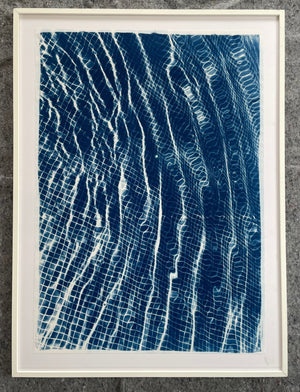 Kind of Cyan “Miami Art Deco Pool” Cyanotype Print Framed in White Mat and Frame—Rippled Grid/Net Pattern, Blue & White