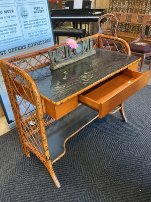 Ballard Designs British Colonial Style Writing Bamboo Desk with Burnt Bamboo Frame & Black Lacquered Cracked Top