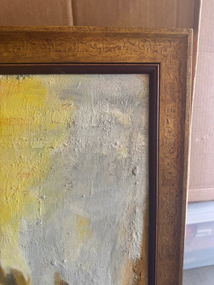 Expressive mid century style figurative oil painting featuring a seated woman 