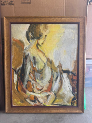 Expressive mid century style figurative oil painting featuring a seated woman 