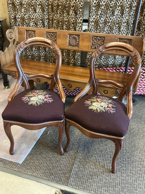 Pair of Vintage Rosewood Parlor Chairs with Curved Carved Backs and Floral Needlepoint-Style Needlepoint Upholstered Seats
