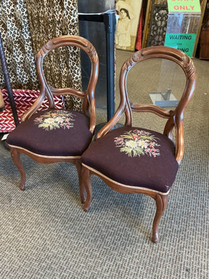 Pair of Vintage Rosewood Parlor Chairs with Curved Carved Backs and Floral Needlepoint-Style Needlepoint Upholstered Seats