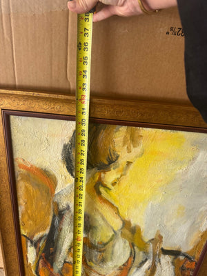 Expressive mid century style figurative oil painting featuring a seated woman 