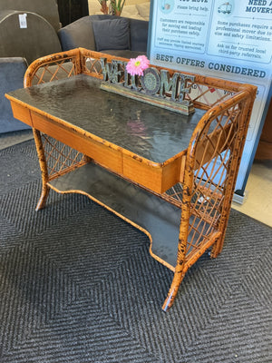 Ballard Designs British Colonial Style Writing Bamboo Desk with Burnt Bamboo Frame & Black Lacquered Cracked Top