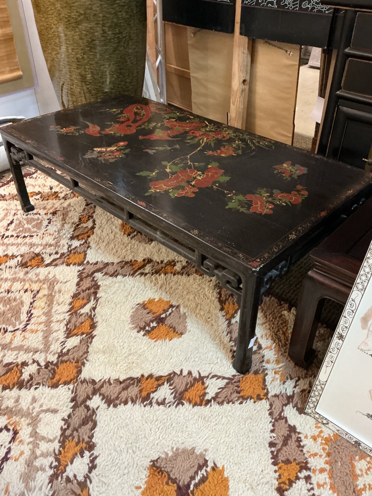 Chinese Black Lacquered Motif Coffee Table 50” x 26” x 15”