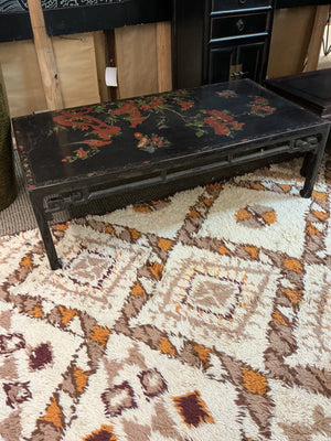 Chinese Black Lacquered Motif Coffee Table 50” x 26” x 15”