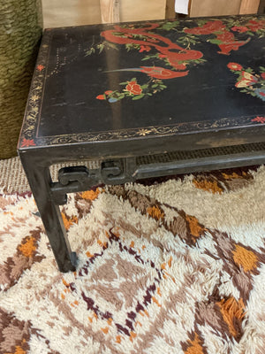 Chinese Black Lacquered Motif Coffee Table 50” x 26” x 15”