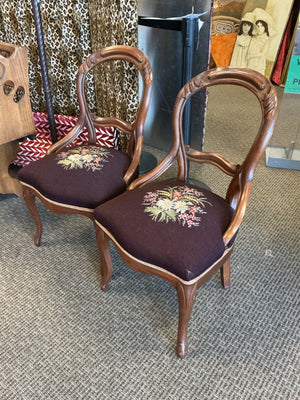 Pair of Vintage Rosewood Parlor Chairs with Curved Carved Backs and Floral Needlepoint-Style Needlepoint Upholstered Seats