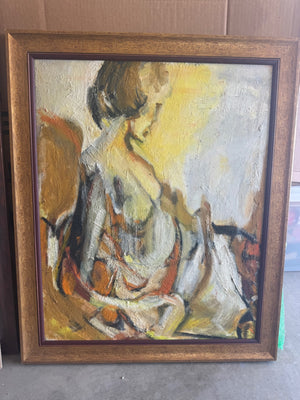 Expressive mid century style figurative oil painting featuring a seated woman
