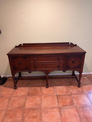 Wood Sideboard Cabinet with Two Center Drawers and Two Side Doors, Carved Trim, Turned Legs, Dark Finish