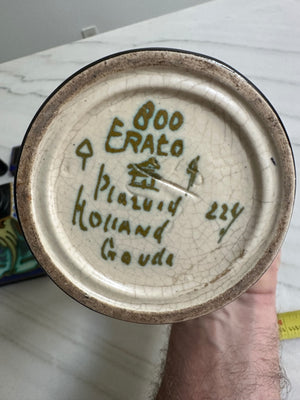 Hand-Painted Gouda Pottery Ceramic Vase, Erato Floral Scroll Design 5” x 5” x 9”