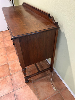 Wood Sideboard Cabinet with Two Center Drawers and Two Side Doors, Carved Trim, Turned Legs, Dark Finish
