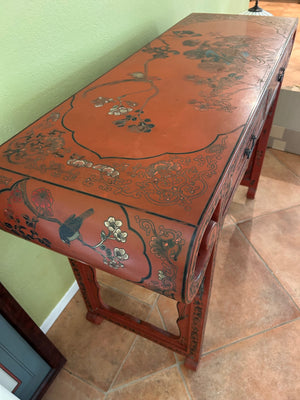 Red Lacquered Chinese-Style Console or Writing Table with Black Floral & Scroll Decoration, 2 Front Drawers