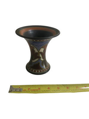 Gouda Pottery decorative ceramic pedestal vase, black glaze with multicolor geometric and floral motif 5“ x 5“ x 5“