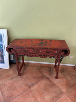 Red Lacquered Chinese-Style Console or Writing Table with Black Floral & Scroll Decoration, 2 Front Drawers