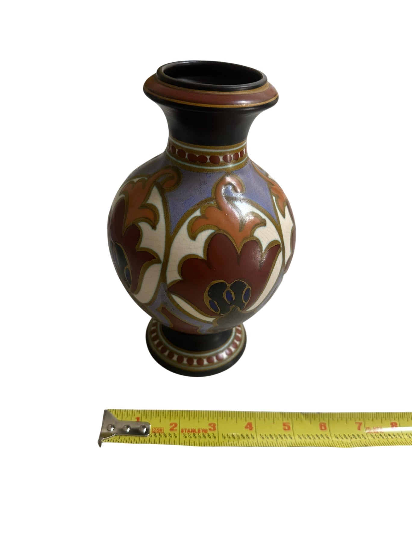 Hand-Painted Gouda Pottery Ceramic Vase, Erato Floral Scroll Design 5” x 5” x 9”