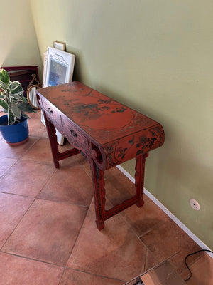 Red Lacquered Chinese-Style Console or Writing Table with Black Floral & Scroll Decoration, 2 Front Drawers
