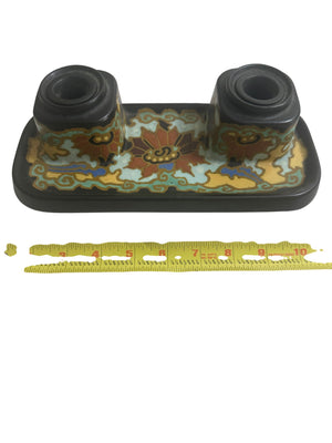 Gouda Pottery Decorative Double Inkwell / Desk Accessory, Black Finish with Multicolor Floral Motif (3” x 6” x 11”)