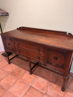 Wood Sideboard Cabinet with Two Center Drawers and Two Side Doors, Carved Trim, Turned Legs, Dark Finish