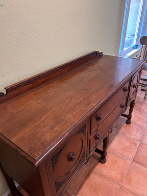 Wood Sideboard Cabinet with Two Center Drawers and Two Side Doors, Carved Trim, Turned Legs, Dark Finish