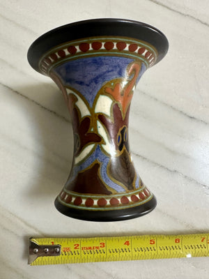 Gouda Pottery decorative ceramic pedestal vase, black glaze with multicolor geometric and floral motif 5“ x 5“ x 5“
