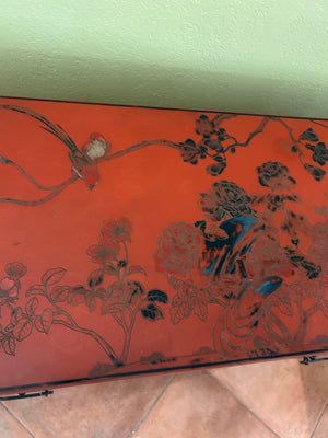 Red Lacquered Chinese-Style Console or Writing Table with Black Floral & Scroll Decoration, 2 Front Drawers
