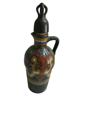 Decorative Hand-Painted Ceramic Cruet with Stopper, Rhodia Design, Gouda Pottery 5” x 5” x 13”