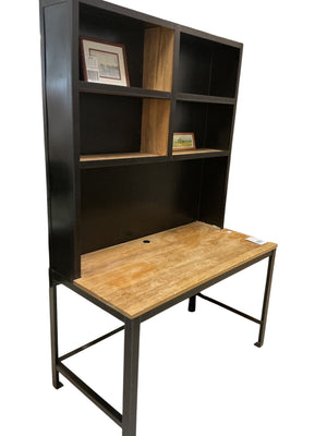 Ballard Designs Dark Natural Oak Wood Desk with Attached Shelving Unit, Black Frame 49 x 25 x 76