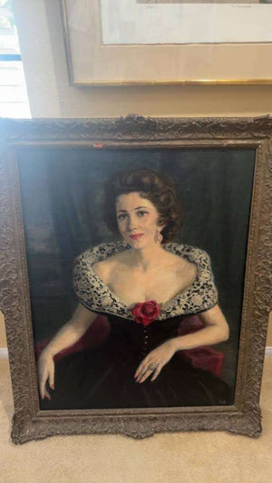 id-Century Style Oil on Canvas Portrait of Seated Woman in Black Gown with Lace Shawl and Red Rose Accents in Ornate Giltwood Frame 42x34