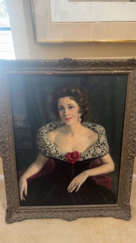 id-Century Style Oil on Canvas Portrait of Seated Woman in Black Gown with Lace Shawl and Red Rose Accents in Ornate Giltwood Frame 42x34
