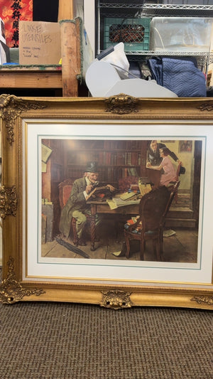 Vintage Framed Gentleman’s Study & Office Scene Print – 39” x 44”