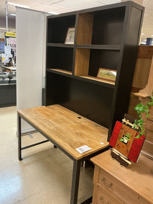 Ballard Designs Dark Natural Oak Wood Desk with Attached Shelving Unit, Black Frame 49 x 25 x 76
