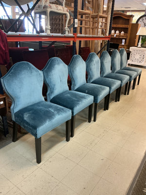 10 Custom Aegean Textile Dining Chairs  (8 Armless, 2 With Arms) With Curved Backs, Tapered Legs & Nailhead-Style Trim