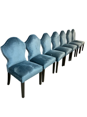 10 Custom Aegean Textile Dining Chairs  (8 Armless, 2 With Arms) With Curved Backs, Tapered Legs & Nailhead-Style Trim
